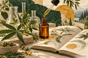 CBD bioraspoloživost — urednička ilustracija znanstvenih izvora i botaničkih detalja