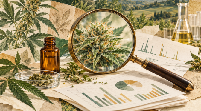 CBD laboratorijski nalaz COA — urednička ilustracija izvještaja i povećala