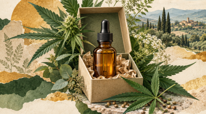 Čuvanje CBD ulja — urednička ilustracija bočice u zaštitnoj kutiji