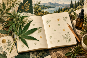 CBD dnevnik — urednička ilustracija bilježnice, bočice i botaničkih detalja