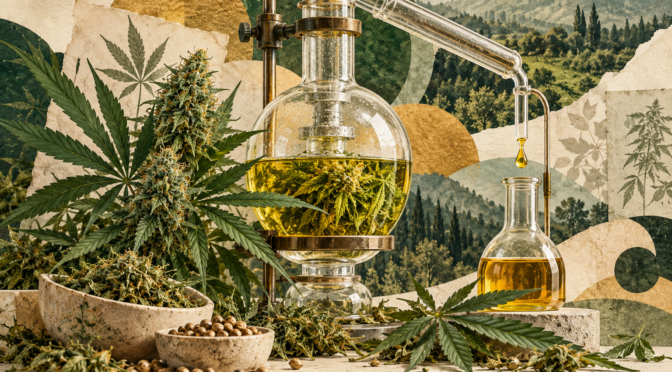 Ekstrakcija CBD-a — simbolična urednička ilustracija laboratorijskog pribora i konoplje