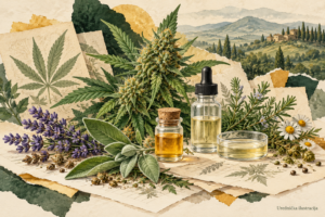 CBD entourage effect — urednička ilustracija znanstvenih izvora i botaničkih detalja