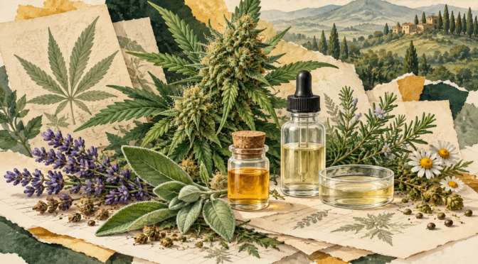 CBD entourage effect — urednička ilustracija znanstvenih izvora i botaničkih detalja
