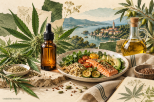 CBD i hrana: urednička ilustracija obroka, bočice i botaničkih detalja