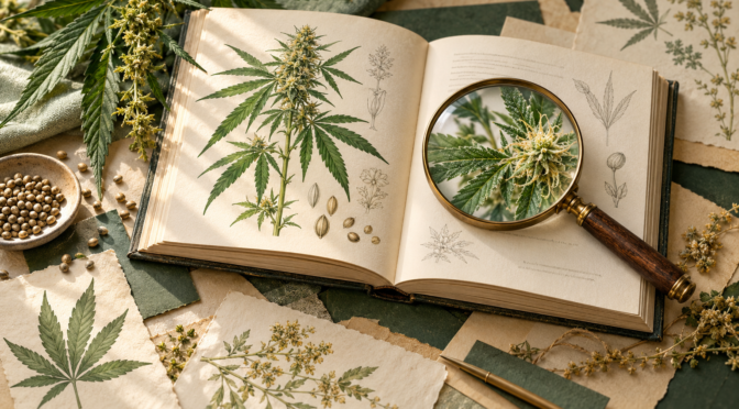 CBD istraživanja — urednička ilustracija znanstvenih izvora i botaničkih detalja