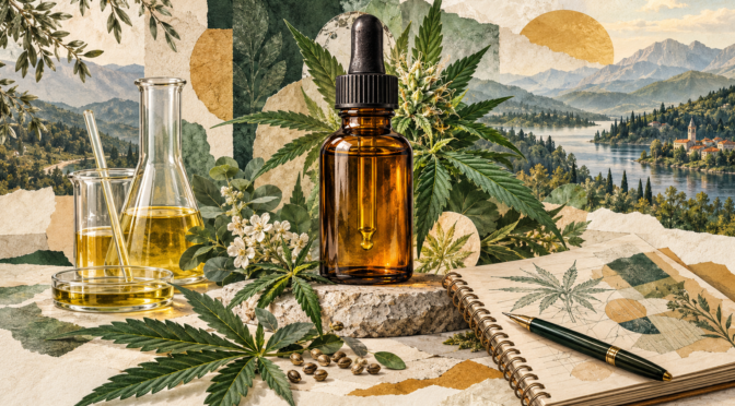 CBD koncentracija mg/ml — urednička ilustracija bočice, mjernog stakla i bilježnice