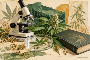 CBD laboratorijske studije — urednička ilustracija znanstvenih izvora i botaničkih detalja