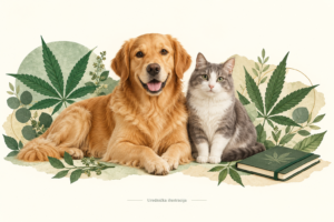 CBD za pse i mačke — urednička ilustracija retrivera, mačke i botaničkih motiva