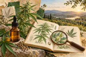 CBD za početnike — urednička ilustracija vodiča, bočice i konoplje