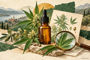 Kako koristiti CBD: urednička ilustracija bočice, botanike i provjere proizvoda