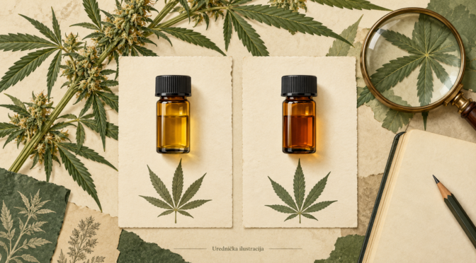 CBD i THC — urednička ilustracija usporedbe uzoraka i botaničkih motiva