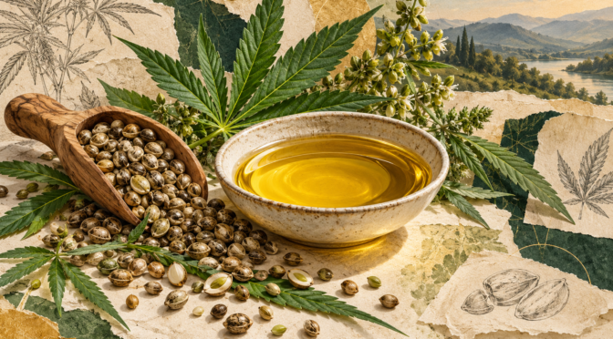 Ulje konoplje i omega-3 — urednička ilustracija ulja i sjemenki
