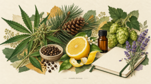 Terpeni u CBD proizvodima — urednička ilustracija botaničkih motiva